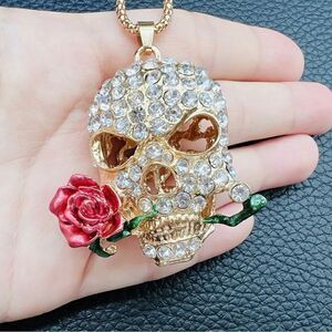 Crystal Enamel Halloween Rose Flower Skull Necklace NWOT